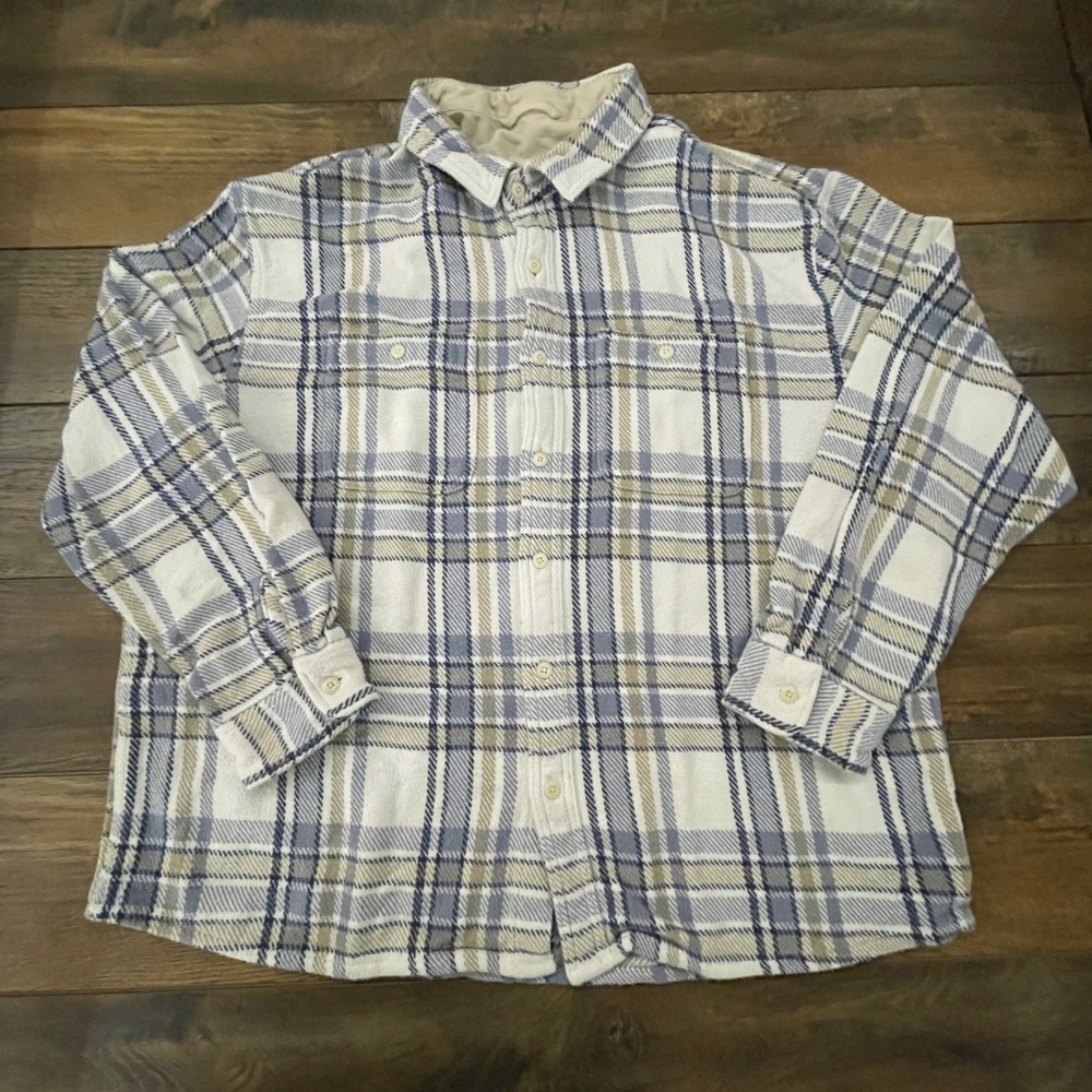 American Eagle Mens XXXL Plaid Flannel Button Down Shirt Blue Tan White Cotton